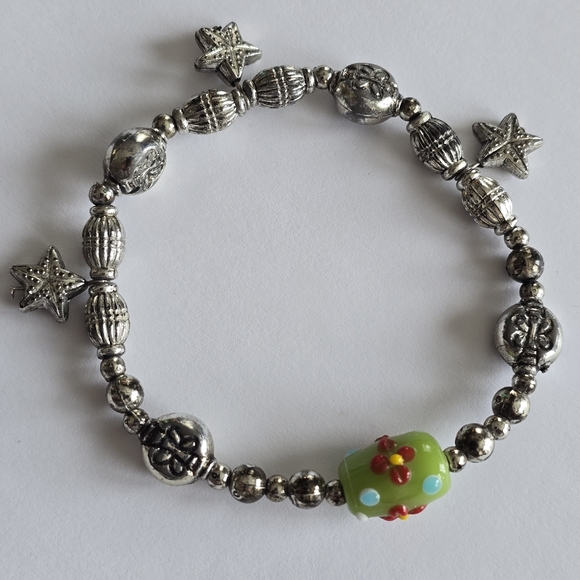 Handmade bracelet lamp work glass bead silver tone stretch stretchy - Picture 6 of 10